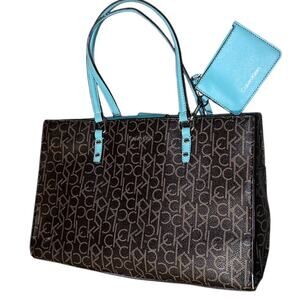 Calvin Klein Signature Monogram Tote Bag Brown with blue handles
